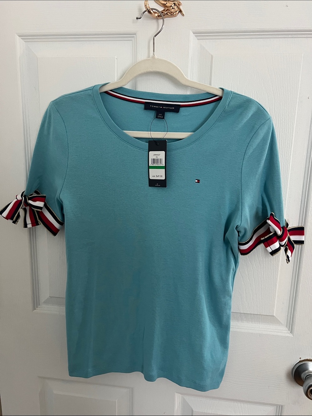 Tommy Hilfiger Teal Short Sleeve Tee with Stripe Tie Sleeve Detail